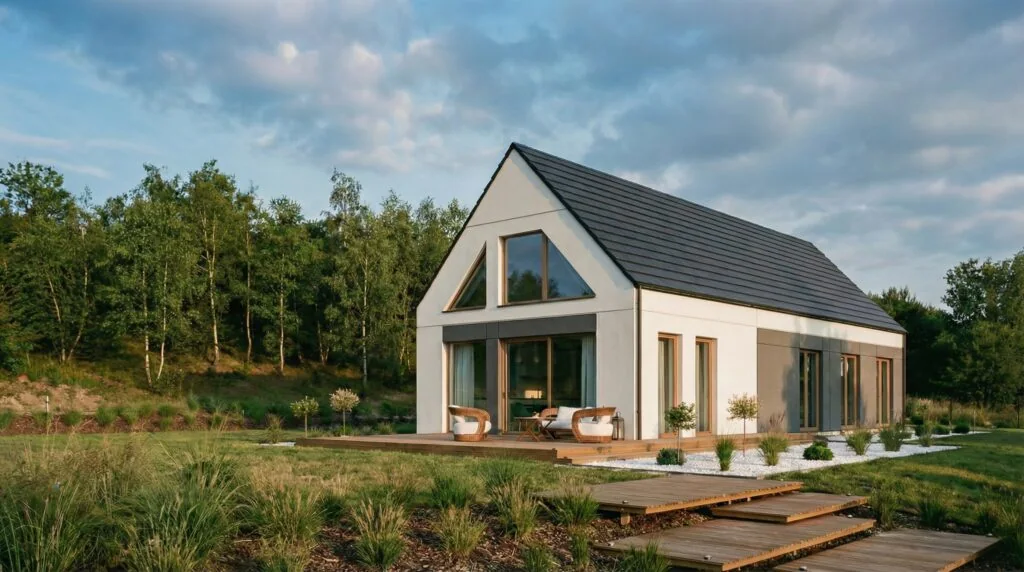 Dom z prefabrykatów betonowych - nowoczesna stodoła z dużymi oknami MAB033