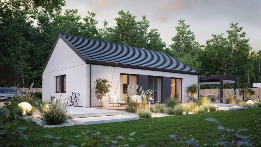 Kompaktowy dom parterowy o prostej bryle - projekt w technologii prefabrykatów betonowych MABUDO - MAB002